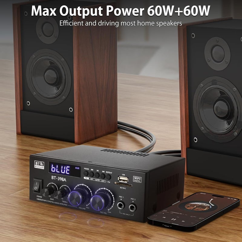 MakerHawk Bluetooth Amplifier 5.0 HiFi Stereo Amplifier Receiver 2.0 Channel 2X60W Mini Amp Small Home Audio Bass Treble Control FM/USB/SD/MIC/Optical Fiber/Coaxial Input for Speakers, BT-398A - Image 4